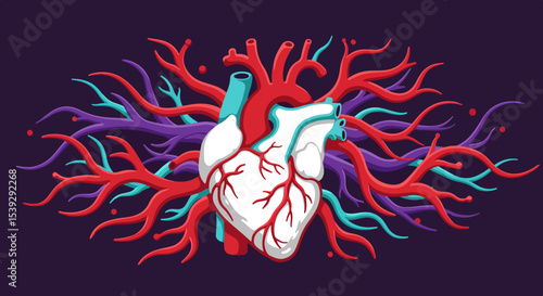 Anatomical illustration of a human heart with color-coded blood vessels