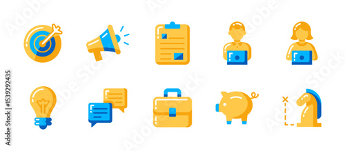 Business icon set in flat style with 10 modern vectors: goal marking, notifications, task planning, working staff, ideas, messaging, portfolio, savings, strategy tools.