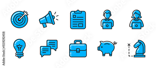 Business icon set in colored outline style with 10 detailed icons: target, announcement, task, staff, ideas, chat, briefcase, savings, strategy. all in vibrant line art.