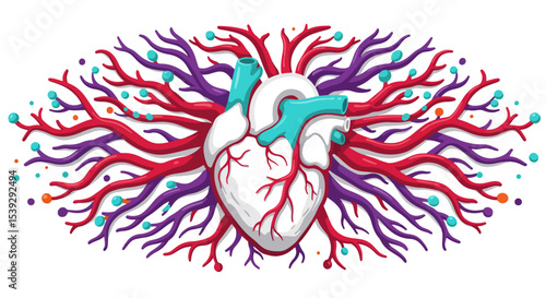 Human heart illustration with red arteries, blue veins, and green background