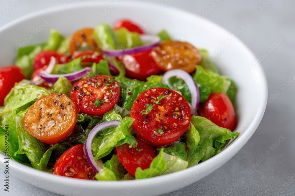 Fresh salad featuring vibrant cherry tomatoes and crisp lettuce garnished with herbs and red onion in a deliciously healthy and colorful meal capture captured with clarity Fresh salad featuring vibrant cherry tomatoes and crisp lettuce garnished with herbs and red onion in a deliciously healthy and colorful meal capture captured with clarity