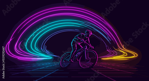 Minimalist line-art cyclist in motion with neon light trails