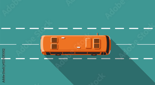 Top-down view of bright orange bus traveling on road with white dashed lines