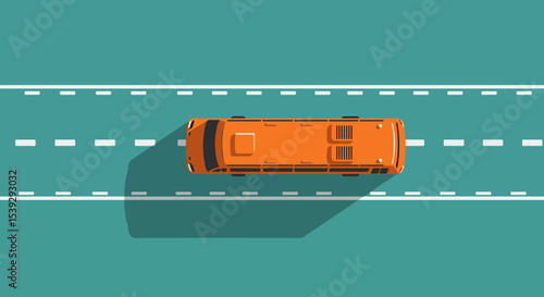 Single orange car driving on two-lane road with green foliage background