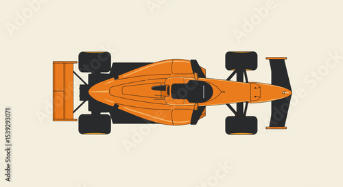 Top-down view of sleek orange race car with black accents and aerodynamic design