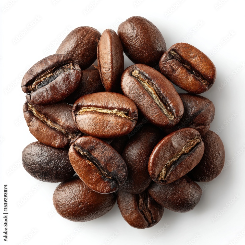 Roasted Coffee Beans Pile, Close-Up Shot on White Roasted Coffee Beans Pile, Close-Up Shot on White