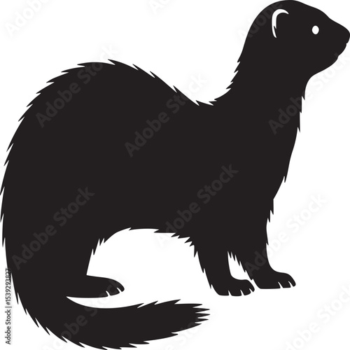 Silhouette of a ferret standing on a white background looking to the right side of the image