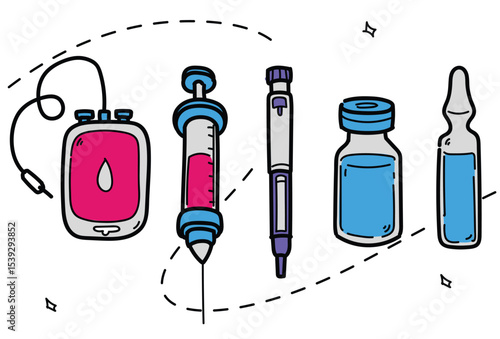 Childlike Medical Injection & Infusion Icon set with Hand-drawn style