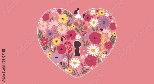 White heart shape filled with colorful flowers and a keyhole, with a person holding a key