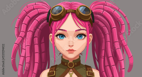 Fantasy female character with pink dreadlocks, blue eyes, and steampunk attire