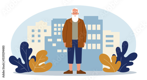 Elderly man with white beard and glasses in brown jacket, green shirt, blue pants, and brown shoes standing in urban cityscape with golden and deep blue leaves