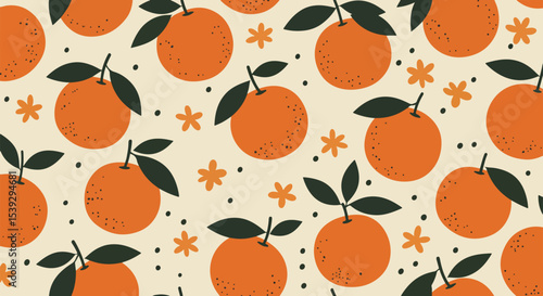 Seamless pattern of bright textured oranges with black dots, dark green leaves, and small orange blossoms on light beige background