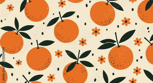 Dynamic repeating pattern of vivid oranges with dark green leaves and orange flowers on light beige background