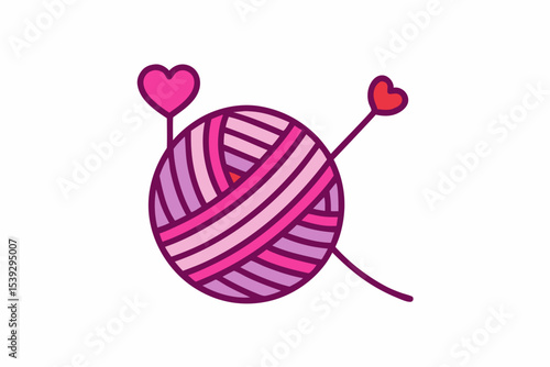 Black and white line art illustration of a ball of yarn with a crochet hook and a heart-shaped thread loop. 