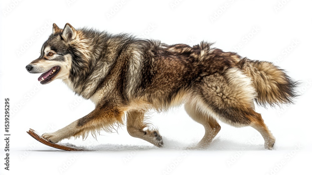 Obraz premium Alaskan Malamute Dog Running with a Stick on White