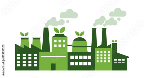 Industrial complex with green buildings and smokestacks releasing light green smoke
