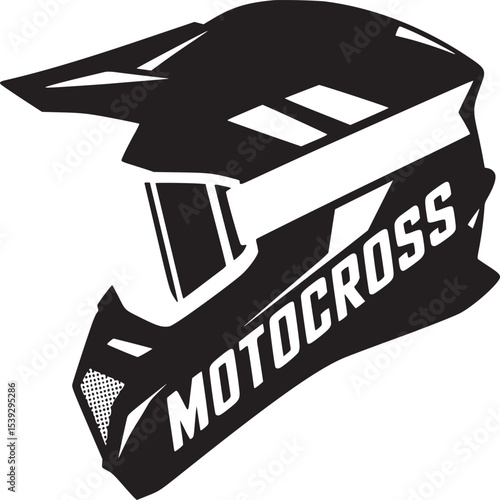 A black and white motocross helmet with the word motocross written on the side of the helmet