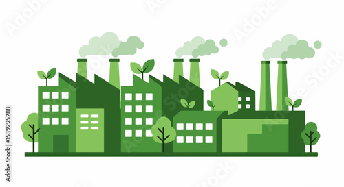 Modern industrial complex with green buildings and surrounding trees
