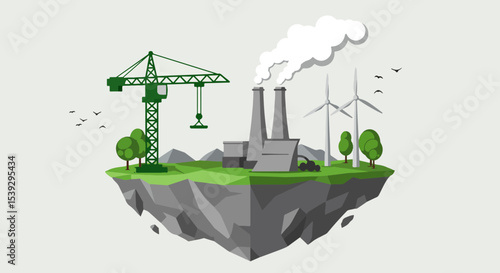Illustration of industrial complex with wind turbines and crane on rocky island