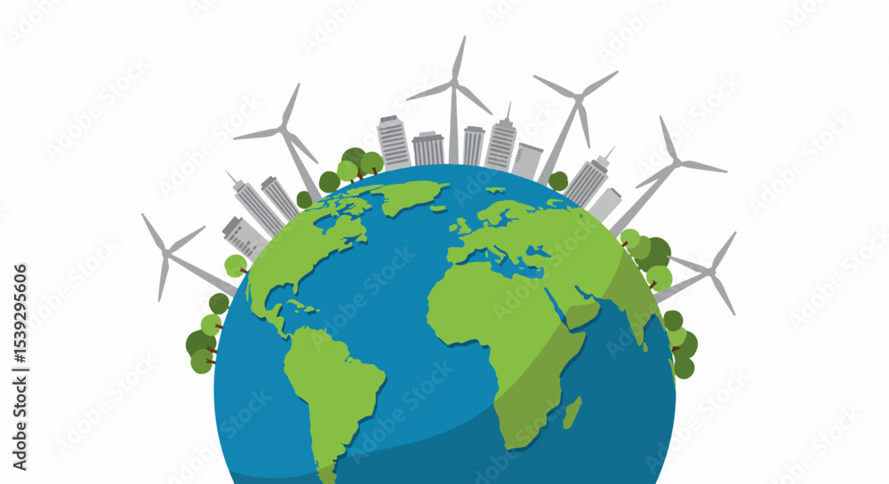 Naklejka premium Illustration of Earth with wind turbines and urban skyline