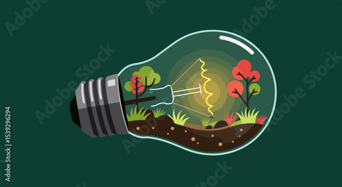 Illustration of a glowing lightbulb with a miniature garden inside on a green background