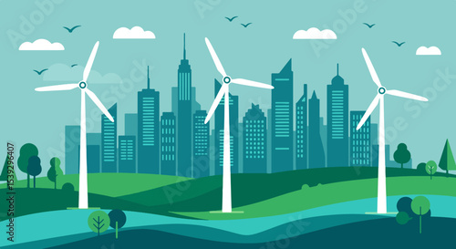 Three white wind turbines on a green hillside with a city skyline in the background