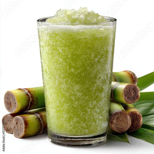 Green Sugarcane Juice Slush with Sugarcane Sticks and Leaves on White