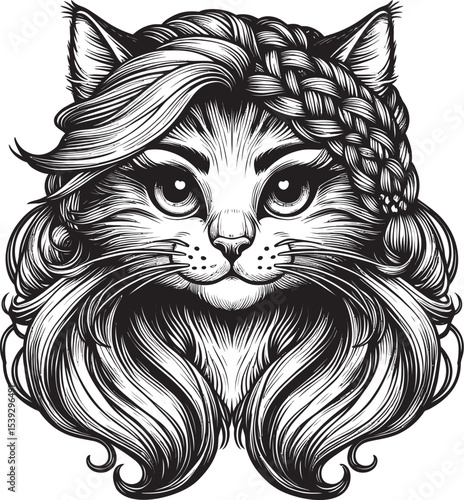 Majestic Cat Line Art with Braided Hair