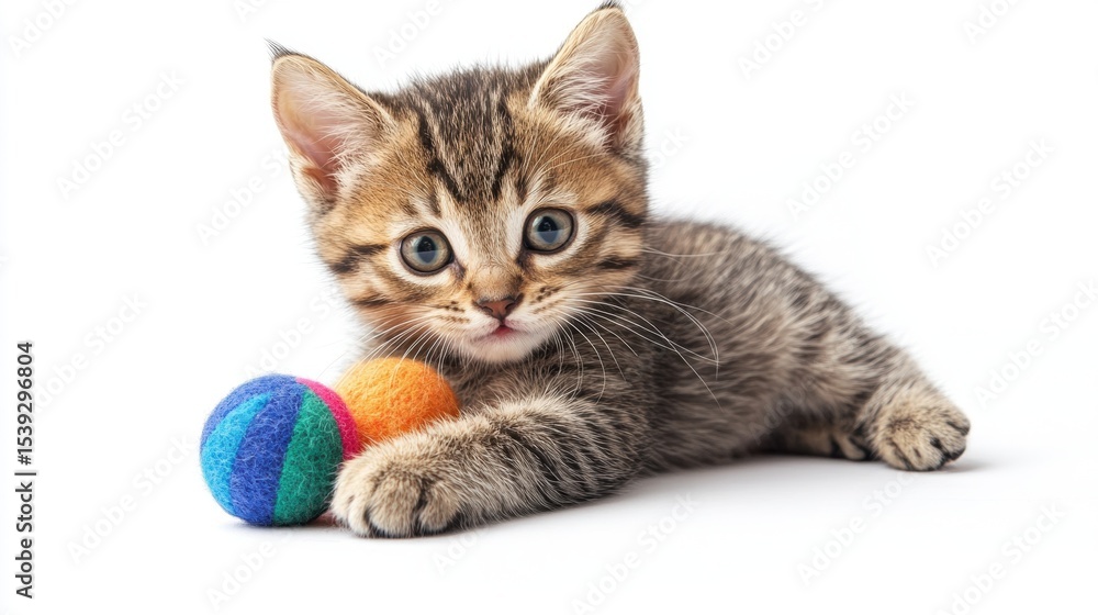 Fototapeta premium Striped Kitten with Colorful Balls on White Background