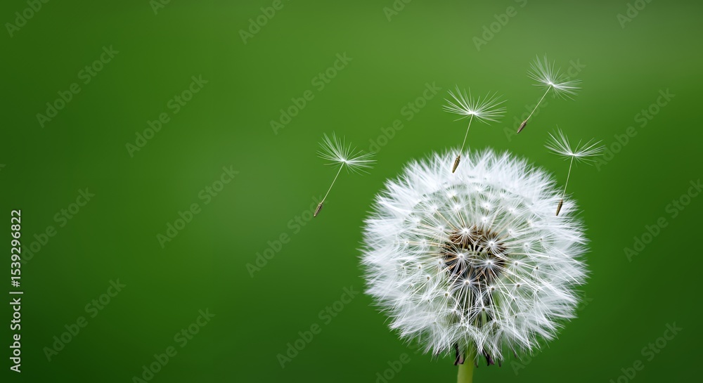 Fototapeta premium White Dandelion Seeds Blowing on Green Background Spring Nature