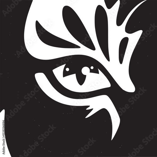 A close up illustration of a tiger's face with orange and black stripes and a yellow eye staring forward