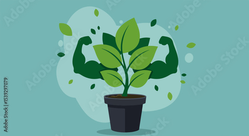 Whimsical potted plant with flexing leaves in a dark blue pot on a light green background