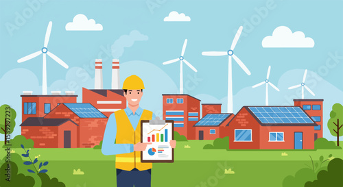 Male engineer in hard hat analyzing data with wind turbines and solar panels in industrial landscape