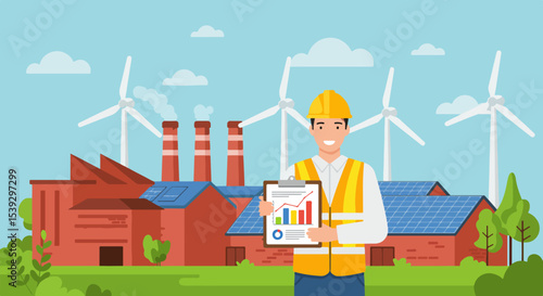 Male engineer in yellow hard hat and high-visibility vest holding clipboard with graph in front of industrial building with solar panels and wind turbines