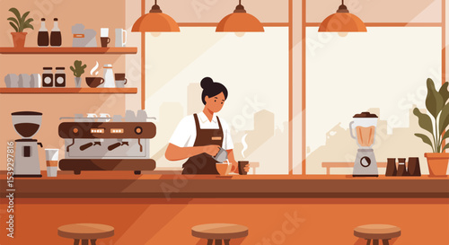 Urban coffee shop interior with barista making espresso and wooden stools