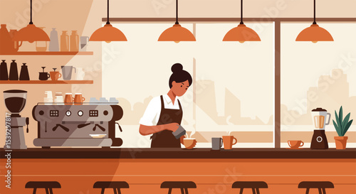 Female barista preparing coffee in urban coffee shop with cityscape view