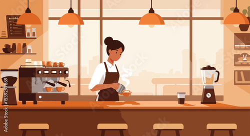 Female barista preparing coffee in a cozy urban coffee shop interior