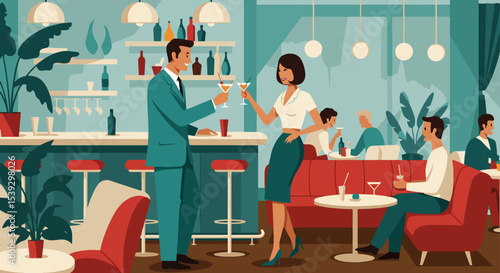 Mid-century modern bar with bartender serving martinis to woman in white blouse and green skirt