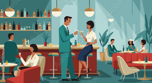 Retro-styled bar scene with mid-century modern aesthetic, bartender mixing drink, patrons conversing