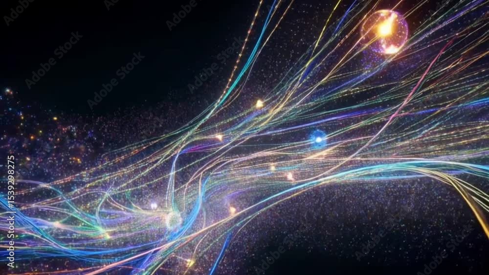 Abstrak 4K Motion Background Loop Dengan Partikel Atom Sains Teknologi, energi Lingkaran bola bola, listrik kawat garis kurva. Abstrak Animasi Gerak, Generative AI