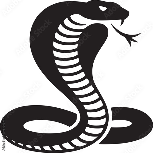 A striking black and white illustration of a cobra with detailed hood and visible forked tongue design