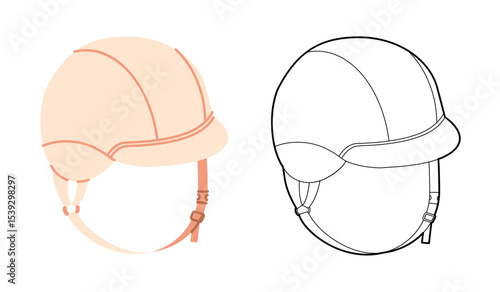 Riding Half Helmet Equestrian Hat with chin band. Head Fashion accessory cap clothing technical illustration. Vector headgear for Men, women style, flat template CAD mockup sketch outline isolated