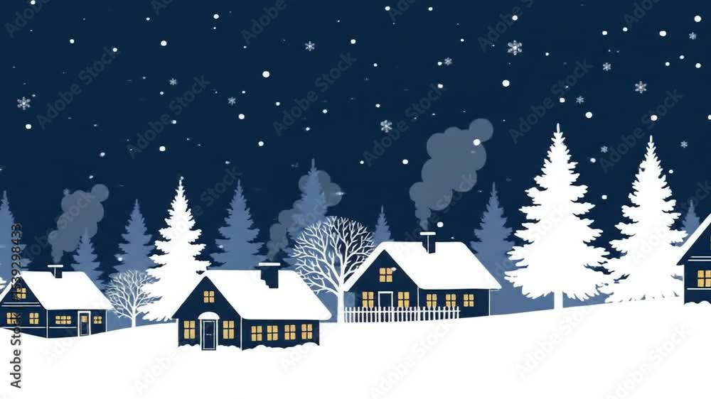Winter Village Scene Snow Falling on Houses and Christmas Trees Winter Village Scene Snow Falling on Houses and Christmas Trees