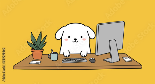 White dog with pink cheeks working at a wooden desk with computer, plant, and smartphone