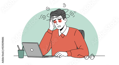 Man in red sweater sitting at desk with laptop, cup, and pen holder, deep in thought