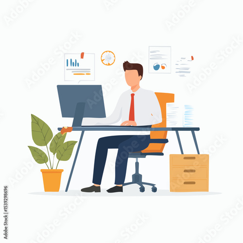 Modern flat vector of a businessman in an office cubicle, checking reports on screen with organized but tall document stacks beside him