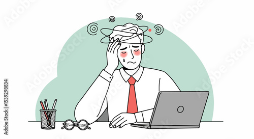 Middle-aged man in white shirt and red tie overwhelmed at cluttered desk with laptop and pens