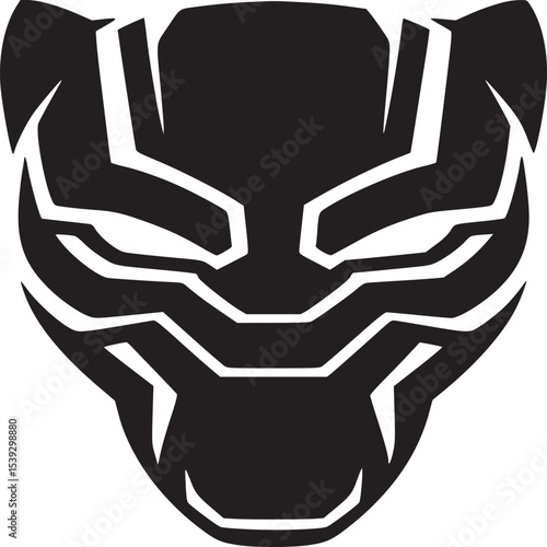 A black panther mask with white lines on a white background in a symmetrical design style image