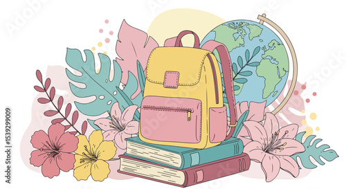 Yellow and pink backpack on stack of purple and green books with globe and tropical foliage