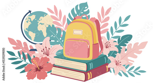 Yellow and pink backpack on stack of books with globe and tropical foliage